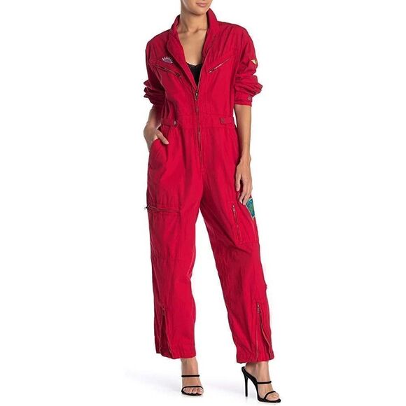 Free People Women's Lena Zip Front Bodysuit in Red Sz S